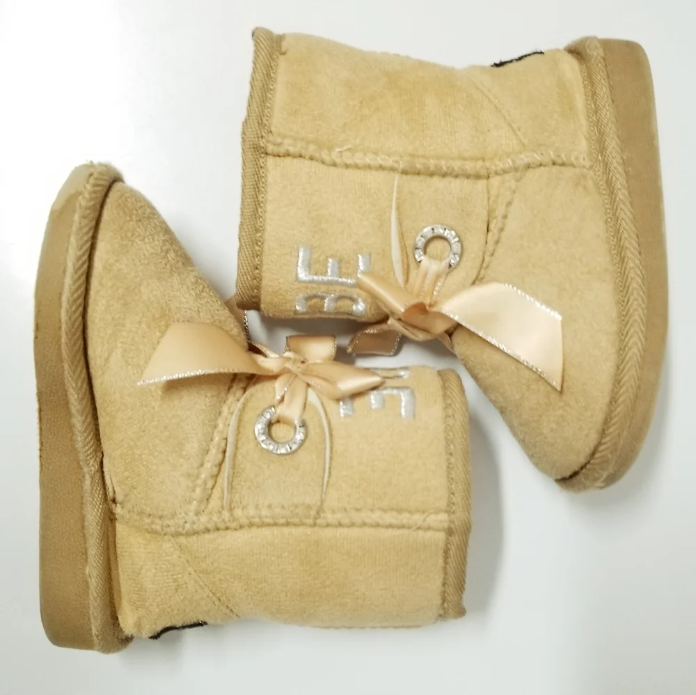 Bebe Toddler Girl's Tan Mid Calf Logo Boots with Satin Bow & Rhinestone Baby 7